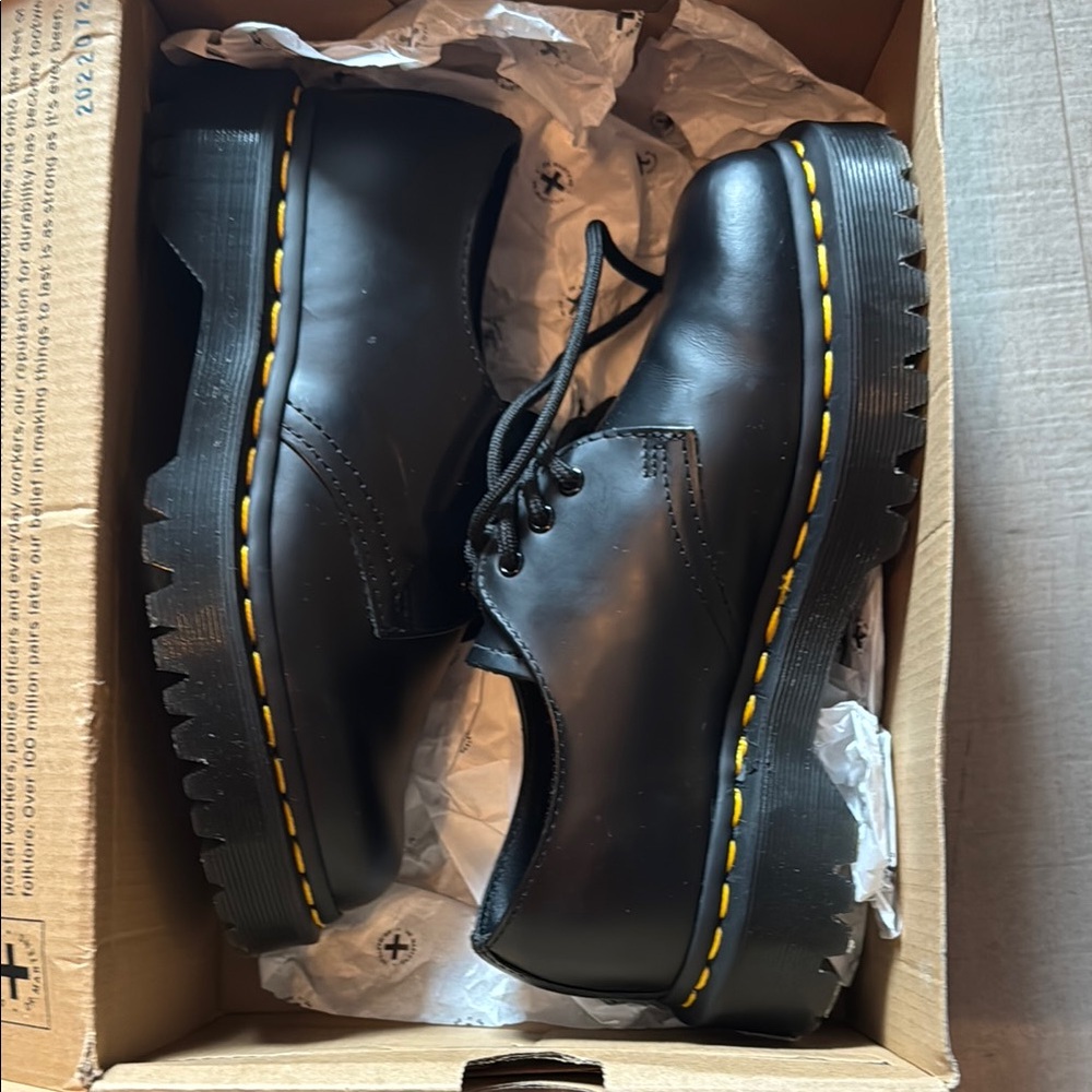 Dr. Martens Black Leather Oxfords with Yellow Stitching